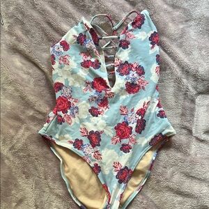 Vanilla/Beach Floral Lace-Up One Piece - Light Blue and Red